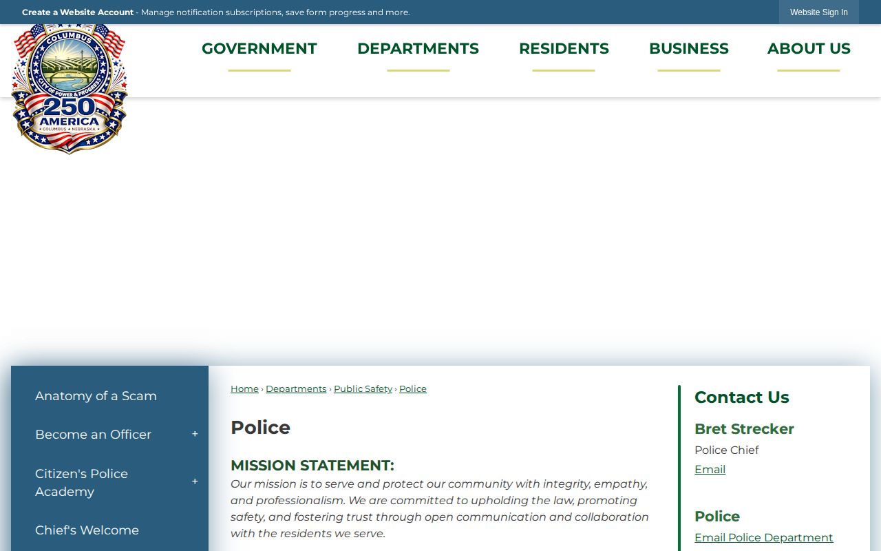 Platte County Columbus Police Department official arrest-record contact page