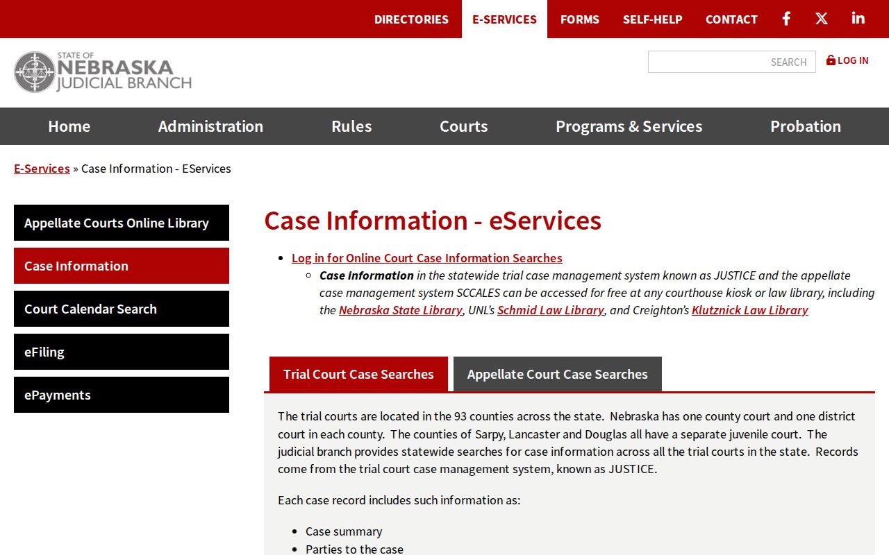 Platte County court disposition search through Nebraska Judicial Branch records
